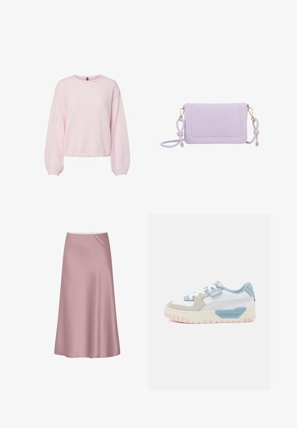 Hellrosa gestrickter Pullover mit langen Ballonärmeln, gerippten Bündchen, rundem Ausschnitt und leicht gekürztem Saum.; Sanfter rosa Satin-Midirock mit A-Linien-Silhouette und glattem, fließendem Stoff.; Sneaker mit einem Obermaterial aus weißem Leder, hellblauen Akzenten, beigen Wildlederpaneelen und einer strukturierten rosa Gummisohle; gesticktes Logo an der Seite.; Lila Kunstleder-Crossbody-Tasche mit goldenen Akzenten, Vordertasche und geknoteten Riemen. Glatte Textur und rechteckige Form.