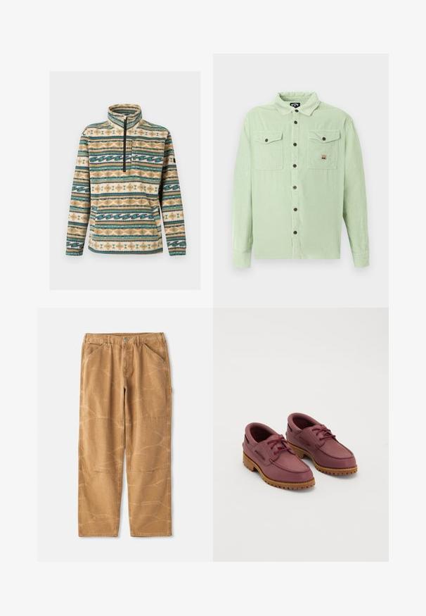 Polaire à enfiler avec col zippé, poche poitrine, poche kangourou et rayures horizontales en motifs géométriques beige, bleu sarcelle, blanc et marron.; Chemise à manches longues en velours côtelé vert clair avec des boutons marron et deux poches poitrine à boutons, dont une avec un petit patch logo.; Pantalons en coton beige avec une coupe ample, présentant des coutures visibles, des détails en patch et une texture légèrement froissée.; Une paire de chaussures bateau en cuir bordeaux avec des semelles en caoutchouc tan épaisses et des lacets rouges sur un fond blanc.