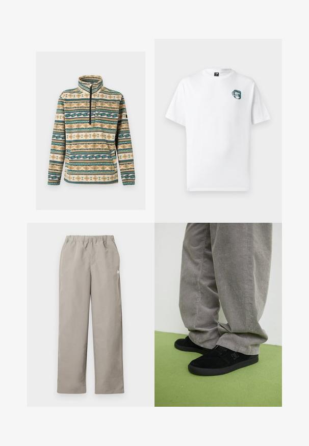 Sudadera de forro polar con cremallera en el cuello, bolsillo en el pecho, bolsillo tipo canguro y rayas horizontales con patrones geométricos en beige, verde azulado, blanco y marrón.; Camiseta blanca de manga corta con gráfico pequeño de una taza verde y el logotipo de "The North Face" en el pecho izquierdo.; Pantalones beige de corte recto con cinturilla elástica y un pequeño logo blanco en la costura lateral derecha.; Zapatillas de skate de ante negro con un acabado texturizado y un logo, combinadas con pantalones de pana gris con una textura acanalada. Superficie del suelo en verde.