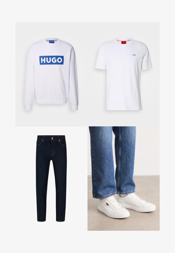 Hvid sweatshirt med lange ærmer, med et stort blåt rektangulært logo, der læser "HUGO" i hvide store bogstaver på brystet.; Hvid bomulds t-shirt med korte ærmer, en rund udskæring og lille sort "HUGO" logo på venstre bryst. Har rød indvendig halslabel.; Mørkeblå denimjeans med slim fit, kontrasterende orange syninger og klassisk knaplukning. Har forlommer og smalle ben.; Hvide sneakers med en glat overflade, rund tå og flad sål. Accompaneret af blå denim jeans med en lige pasform og synlige sømme.