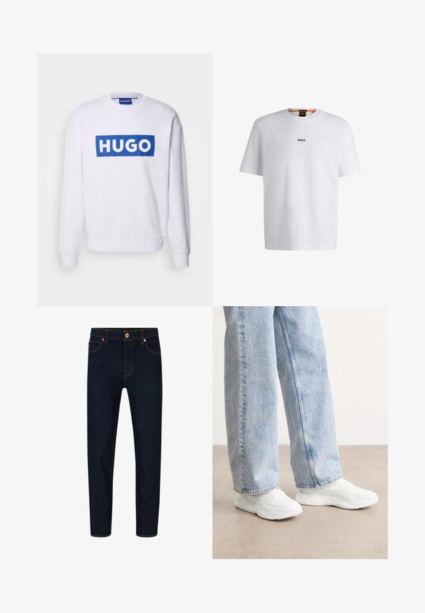 Biela mikina s dlhými rukávmi, s veľkým modrým obdĺžnikovým logom "HUGO" napísaným bielymi veľkými písmenami cez hrudník.; Biela bavlnená tričko s krátkymi rukávmi, na prednej strane so stredne umiestneným čiernym logom "BOSS" a okrúhlym výstrihom.; Tmavomodré džínsy s úzkym strihom, kontrastným oranžovým prešívaním a klasickým zapínaním na gombík. Obsahujú predné vrecká a zúžené nohavice.; Biele športové tenisky s hladkým, tvarovaným dizajnom a textúrovanou podrážkou, kombinované so svetlomodrými, voľnými džínsami.