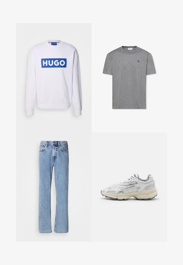 Hvid sweatshirt med lange ærmer, med et stort blåt rektangulært logo, der læser "HUGO" i hvide store bogstaver på brystet.; Grå bomuld t-shirt med korte ærmer, rund halsudskæring og et lille sort logo på brystet. Blød tekstur med en afslappet pasform.; Lyseblå denimjeans med lige ben design, fem lommer og knaplukning. Syninger nær lommer og talje.; Hvide sportssko med grå detaljer, overdel i mesh og syntetiske materialer, snørebåndsdesign og tekstureret gummisål med grebemønstre.