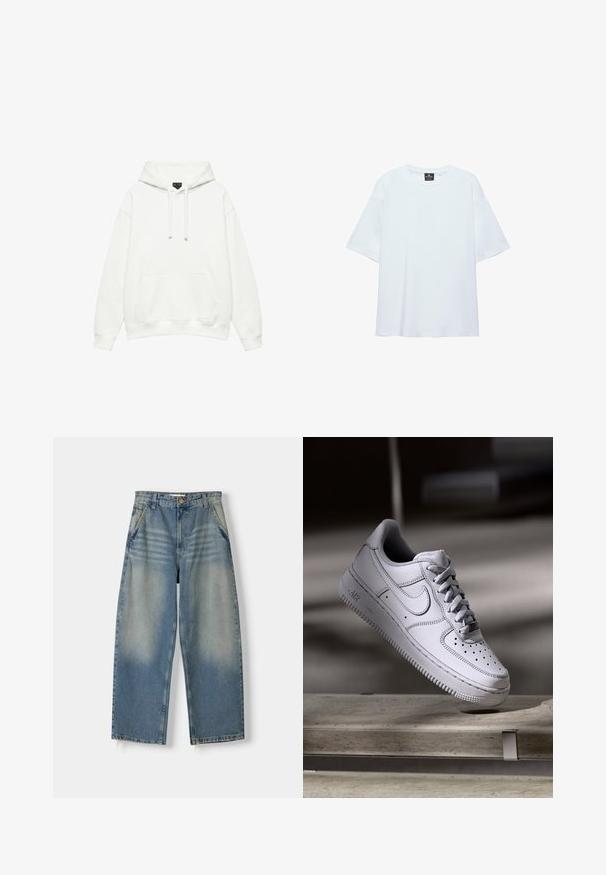 Enkelt hvid hættetrøje med forlomme og snøre i hætten, vist fladt på en hvid baggrund.; Hvid, oversized T-shirt med korte ærmer og rund halsudskæring, med en sort etiket inde i kraven på en hvid baggrund.; Lyseblå denim wide-leg jeans med en falmet finish, fem-lomme design og rå kant. Har en frontknap og lynlås lukning.; Hvid læder Nike Air Force 1 sneaker med perforeret tå, flade snørebånd og tekstureret gummisål med "AIR" branding på siden.