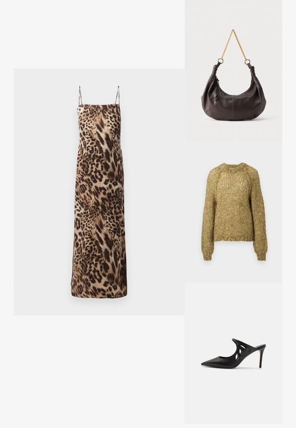 Langærmet, struktureret strikket sweater i beigebrun med rund halsudskæring og ribstrikkede manchetter og kant.; Leopardprint, ærmeløs maxi kjole med tynde stropper, glat tekstur og en flydende silhuet i brune og cremefarvede nuancer.; Sorte læder højhælede mules med spids tå, udskåret sideskærm og glat tekstur. Stiletthæl og subtil syning.; Blød, mørkebrun skuldertaske i læder med knyttede ender og en kort guldkæde som rem, mod en enkel lys baggrund.