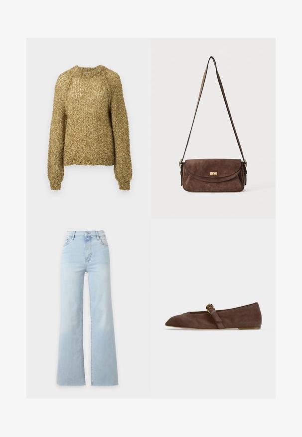 Pull en maille texturée à manches longues beige brun avec un col rond et des poignets et un bas en côtes.; Jean en denim bleu clair taille haute avec jambes larges, fermeture à boutons et zip à l’avant, et poches avant, présenté sur un fond uni.; Chaussure plate en daim marron avec bout pointu et bride à boucle dorée sur le côté, vue de profil sur fond blanc.; Sac bandoulière en daim marron avec une longue sangle réglable et une fermeture à tour dorée sur le rabat avant.
