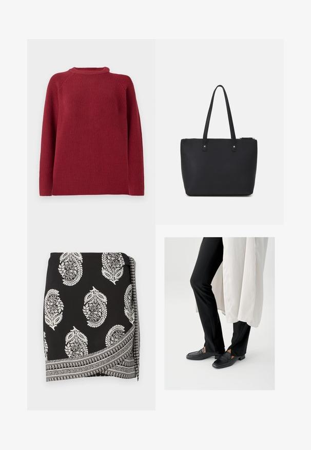 Copenhagen Muse COLIN PULLOVER - Trui - red pear; Zwarte wikkelrok met witte paisleypatronen en een gedetailleerd randontwerp. Gemaakt van lichte stof met een soepele textuur.; Zwarte leren loafers met een vierkante neus en lage blokhak, gecombineerd met zwarte nauwsluitende broek en een vloeiende witte buitenlaag.; Zwarte tote bag gemaakt van gestructureerd synthetisch materiaal, met twee lange handvatten en een ritsluiting, voorzien van accenten in zilverkleurige hardware.