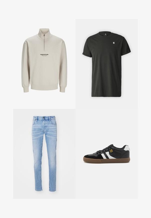 Beige tõmblukuhoodiga sviiter, millel on kõrge kaelus, ribidega mansetid ja esitusele trükitud logo "Originals Studio". Pehme kangatunne.; Mustmust värvi puuvillane T-särk lühikeste rullitud varrukatega, ümar kaelus ja väike valge logo vasakul rinnakorvil. Sile tekstuur ja lõdva lõikega.; Heledad sinine teksapüksid, millel on kitsas lõige, viie tasku disain, vöökohad ja nupplesi. Kanga tekstuur on pehme.; Mustvalged ja valged tossud, mille pealisosa on valmistatud sametist ja nahast, valgete triipudega, mustade paeltega ja pruunist kummist tallaga. Kuldse logo aktsendid.