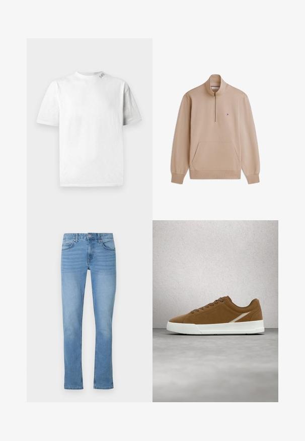 Beige sweater met kwartritssluiting, geribde boorden en zoom, kangoeroezak en een klein rood-wit-blauw vlaglogo op de borst.; Witte T-shirt met korte mouwen en ronde hals, met een subtiele textuur en een klein logodetaillering op de linkerschouder.; Lichtblauwe spijkerbroek met een rechte pijp, vijf zakken, knoopsluiting en subtiele vervaging aan de voorkant.; Bruine suède sneaker met witte zool en veters, zwevend boven een gepolijste betonnen vloer in een moderne binnenomgeving.