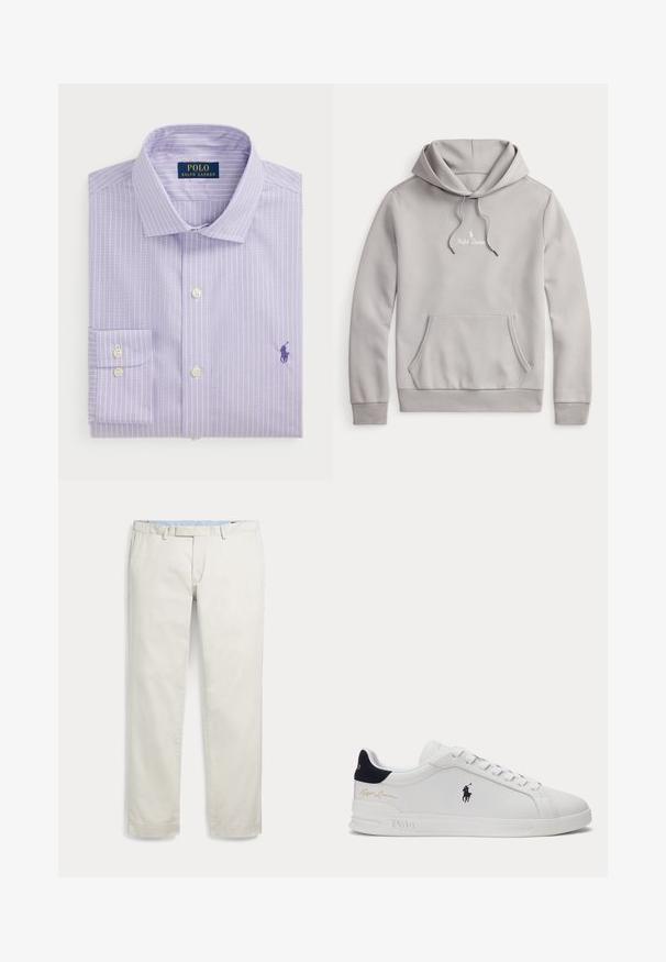 Svetlošedá mikina Ralph Lauren s predným klokaním vreckom, kapucňou so šnúrkou a malým bielym vyšitým logom na hrudi.; Svetlofialová košeľa s bielymi vertikálnymi pruhmi, s golierom na gombíky, jednou náprsní kapsou, s vyšitým logom vo tmavej fialovej farbe.; Svetlo béžové pánske nohavice s rovnými nohavicami, pútkami na opasok a bočnými vreckami, zobrazené na bielom pozadí.; Biele nízke tenisky s čiernym logom hráča póla na boku, námornícky modrou pätovou pätkou, bielymi šnúrkami a "Ralph Lauren" zlatým podpisom blízko päty