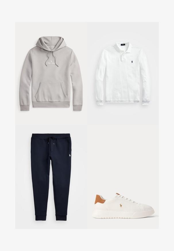 Svetlošedá mikina Ralph Lauren s predným klokaním vreckom, kapucňou so šnúrkou a malým bielym vyšitým logom na hrudi.; Biela dlhá polo košeľa s dlhým rukávom vyrobená z bavlny, s klasickým golierom, trojbuttonovou légou a námorníckou logom na ľavej strane hrude.; Námornícky modré teplákové nohavice s pásikom na sťahovanie v páse, bočnými vreckami, lemovanými členkami a malým bielym logom koňa na pravom stehne.; Biely nízky teniska s béžovou pätovou záložkou, bielymi šnúrkami a malým vyšívaným logom hráča póla na boku nad tlustou podrážkou.