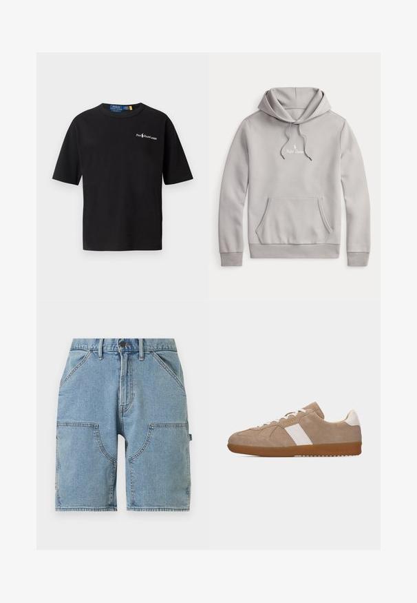 Lysegrå Ralph Lauren hoodie med frontkangaroo lomme, snøre i hætten og lille hvid broderet logo på brystet.; Sort bomulds-t-shirt med korte ærmer, rund hals og et hvidt logo på venstre bryst med "Polo Ralph Lauren" tekst.; Lyseblå denimshorts med forreste skrå lommer, større påsyede lommer på lårene, bæltestropper og en linning med knaplukning.; Beige ruskindssneaker med hvide sidelister, hvid hæltap, hvide snørebånd, gumssål og lille gyldent "Polo"-logo på siden.