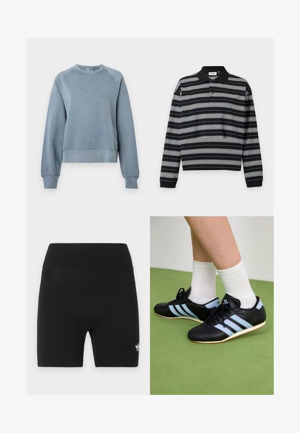 Blå bomulds sweatshirts med rund hals, ribbede manchetter og kant. Har en afslappet pasform og raglanærmer, med en blød tekstur for komfort.; Langærmet sort polo med vandrette hvide og grå striber, to-knaps bærestykke og broderet logo på brystet.; Sorte højtaljede atletiske shorts med bred elastisk talje og lille hvid Adidas-logo på nederste højre ben.; Sorte lædersportssko med lyseblå striber, teksturerede overdele og gummisko, parret med hvidt ribbet sokker på grønne gulve.