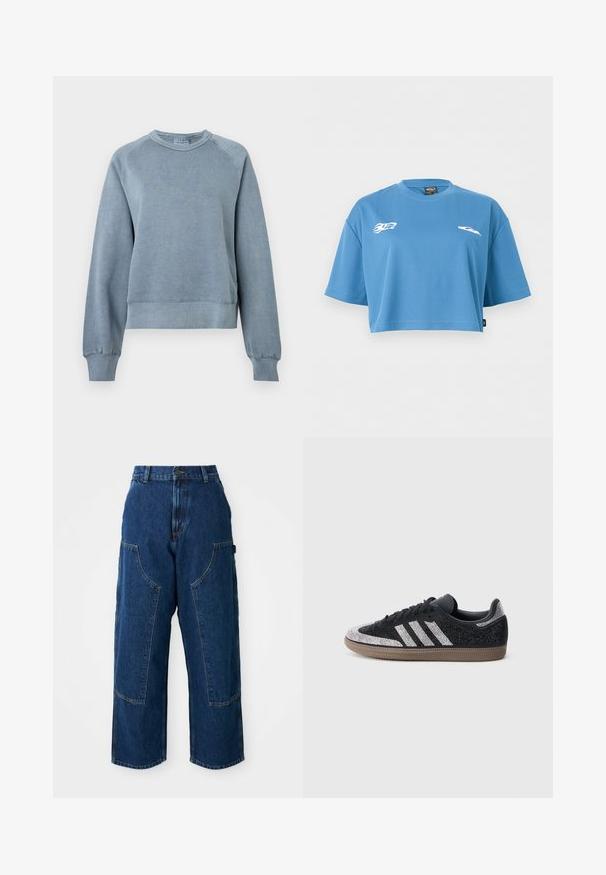 Blå bomulds sweatshirts med rund hals, ribbede manchetter og kant. Har en afslappet pasform og raglanærmer, med en blød tekstur for komfort.; Blå croppet kortærmet atletisk skjorte med rund hals og små hvide flamme- og vingelogoer på brystet foran.; Mørk denim bredbenede jeans med høj talje, der har store forlommer og kontrastsyninger. Stoffet har en let struktur.; Sort sneaker med glitrende sølvdetaljer og tre hvide striber. Har en lavt skåret model, tekstureret overdel og brun gummisål.