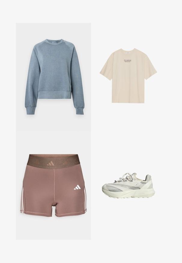 Sweat-shirt bleu en coton avec un col ras du cou et des poignets et ourlet côtelés. Il présente une coupe décontractée et des manches raglan, avec une texture douce pour le confort.; T-shirt en coton beige à manches courtes et col rond, avec un graphique "YELLOWSTONE" en violet et bleu centré sur la poitrine.; Shorts de sport marron avec une large ceinture texturée. Dotés d'accents à trois rayures blanches sur les côtés et d'un petit logo blanc.; Baskets blanches avec un mélange de matériaux en mesh et en daim, un design épuré, des accents texturés et une semelle épaisse et rembourrée.