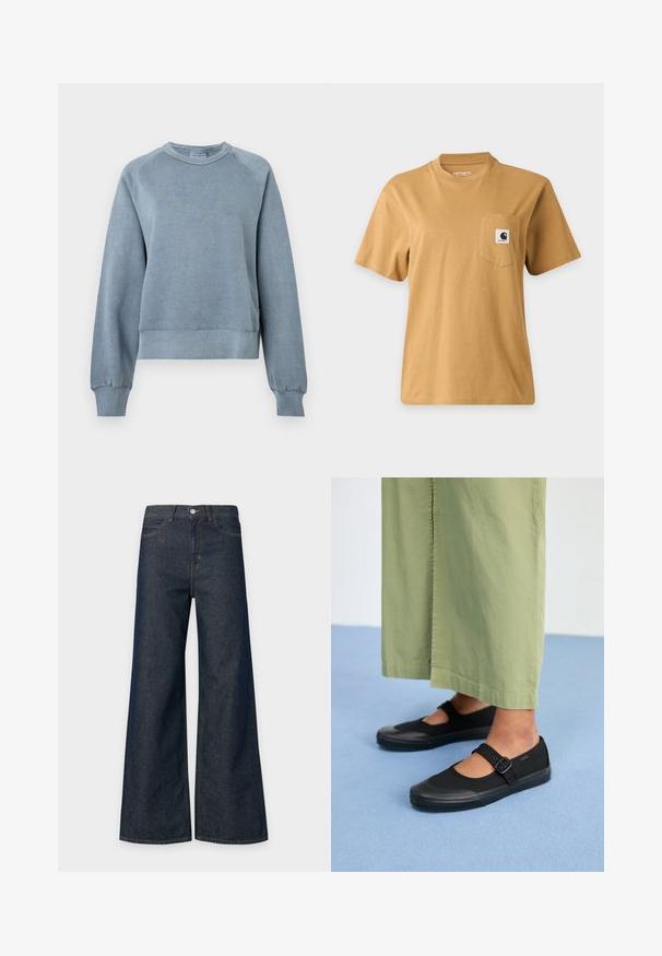 Blå bomulds sweatshirts med rund hals, ribbede manchetter og kant. Har en afslappet pasform og raglanærmer, med en blød tekstur for komfort.; Enkelt brun kortærmet t-shirt med en brystlomme med en firkantet mærkelogo-patch, vist på en ensartet lys baggrund.; Højtaljede mørkeblå brede cowboybukser med frontknap og lynlås samt forlommer, vist på lys baggrund.; Sorte kanvas sko med rund tå, gummisål og en spænde rem. Parret med løse, lysegrønne bukser.