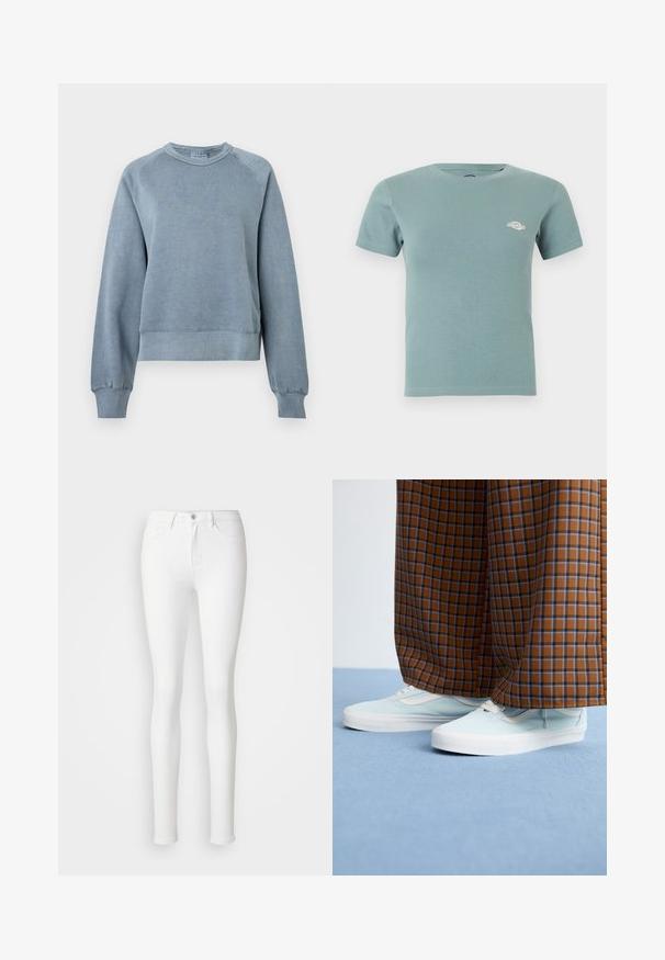 Blå bomulds sweatshirts med rund hals, ribbede manchetter og kant. Har en afslappet pasform og raglanærmer, med en blød tekstur for komfort.; Kortærmet, lyseblå ribstrikket bomulds t-shirt med en lille hvid logo på venstre bryst og rund halsudskæring.; Hvide skinny jeans lavet af strækbart bomuldsblandingsstof, der har forlommer, lynlås og en enkelt knaplukning.; Lyseblå sneakers iført med brune og blå ternede bukser med vidde på et lyseblåt tæppe.