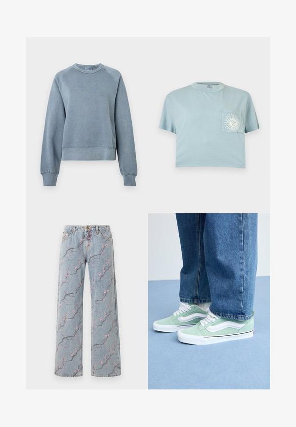 Sweat-shirt bleu en coton avec un col ras du cou et des poignets et ourlet côtelés. Il présente une coupe décontractée et des manches raglan, avec une texture douce pour le confort.; T-shirt bleu clair raccourci à manches courtes avec une poche poitrine ornée d'un graphique blanc représentant un soleil et un visage avec le texte "VOLCOM".; Jean à jambes larges bleu clair avec imprimé de branche de fleurs de cerisier roses et design traditionnel à cinq poches.; Personne portant des sneakers vert clair et blancs avec des lacets blancs et un jean bleu, se tenant sur un sol bleu clair.