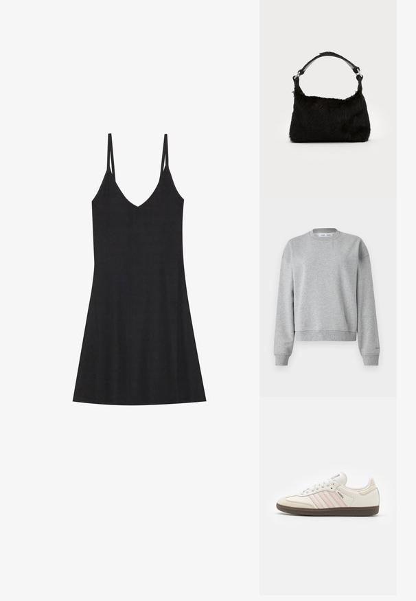 Grijze sweatshirt met een ronde hals, lange mouwen en een iets cropped ontwerp. Gemaakt van zachte stof met ribgebreide boorden en zoom.; Zwarte geribbelde slipdress met een V-hals en dunne verstelbare bandjes. Heeft een relaxed fit, valt boven de knieën en heeft een minimalistisch ontwerp.; Witte leren sneakers met roze accentstrepen, een rubberen bruine zool en een suède neuskap. Voorzien van veters en een merklabel op de tong.; Zwarte neplederen handtas met een zachte textuur, ronde vorm en een stevige zwartleren schouderband. Zilveren hardwareaccenten zichtbaar.
