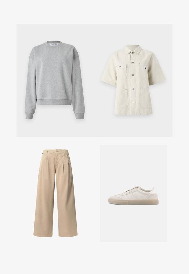 Grijze sweatshirt met een ronde hals, lange mouwen en een iets cropped ontwerp. Gemaakt van zachte stof met ribgebreide boorden en zoom.; Korte mouwen shirt van lichtbeige stof, met een puntige kraag, knopen aan de voorkant, twee borstzakken en een klein logo op de linkerzijde.; Beige wijde broek met twee voorplooien, een knoopsluiting en een gladde textuur. Ontworpen voor comfort en een losse pasvorm.; Beige suède sneakers met een lage profiel, voorzien van een gestructureerd bovenwerk, tonale stiksels en een lichte rubberen zool. Veters maken het ontwerp compleet.