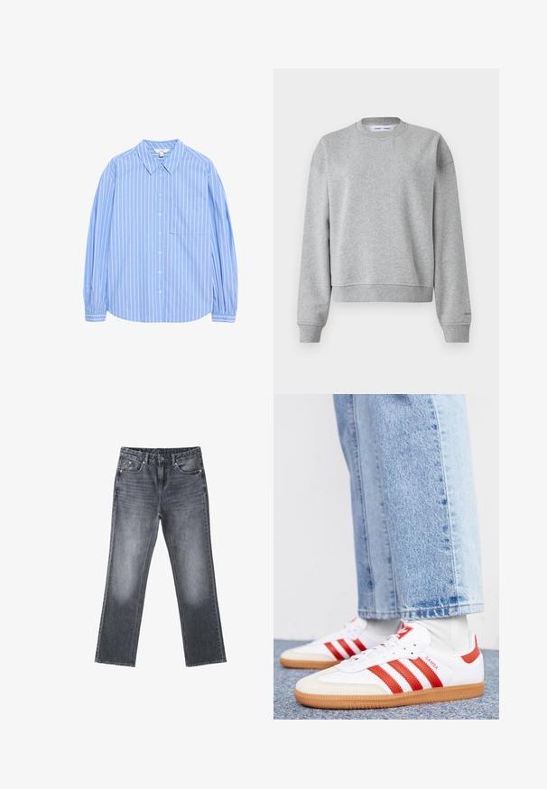 Grå sweatshirt med rund halsudskæring, lange ærmer og et let cropped design. Fremstillet af blødt stof med ribbede manchetter og kant.; Lys blå langærmet skjorte med knapper, hvide lodrette striber, kravedesign, en lomme på venstre bryst og sammenfaldne ærmer ved manchetterne.; Mørkegrå straight-leg denimjeans med falmet finish, frontknap og lynlås og fem-lomme stil på hvid baggrund.; Hvide lædersneakers med røde striber og accenter. Har en tekstureret gummisål og polstret krave. Bæres med lyseblå denim.