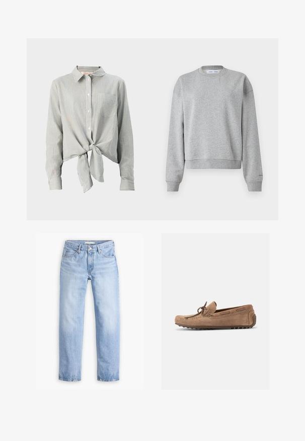 Grå sweatshirt med rund halsudskæring, lange ærmer og et let cropped design. Fremstillet af blødt stof med ribbede manchetter og kant.; Knapp-shirt i grønne og hvide striber, med en sløjfe foran, lange ærmer og en brystlomme. Fremstillet af letvægtsstof.; Lyseblå denimjeans med en lige ben-design, fem lommer og en mellemhøj talje. Har en falmet struktur og håndsyet kant.; Lysebrun ruskind køresko med sløjfedetalje, mokkatå-syning og gummiydersål med små knopper, vist i sideprofil mod hvid baggrund.