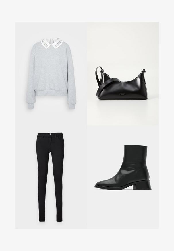 Sweatshirt gris à manches longues, avec un ourlet arrondi et un col blanc arborant un design de rayures argentées. Texture de tissu douce.; Jean noir slim fit avec fermeture frontale par bouton et zip, passants pour ceinture, poches avant et arrière, présenté sur fond blanc.; Bottine noire en cuir brillant, au design épuré, avec un bout pointu et un petit talon bloc pour plus de stabilité.; Sac à main en cuir noir avec une texture lisse. Dispose d'une bandoulière adjustable et d'un design élégant et minimaliste avec une fermeture éclair.