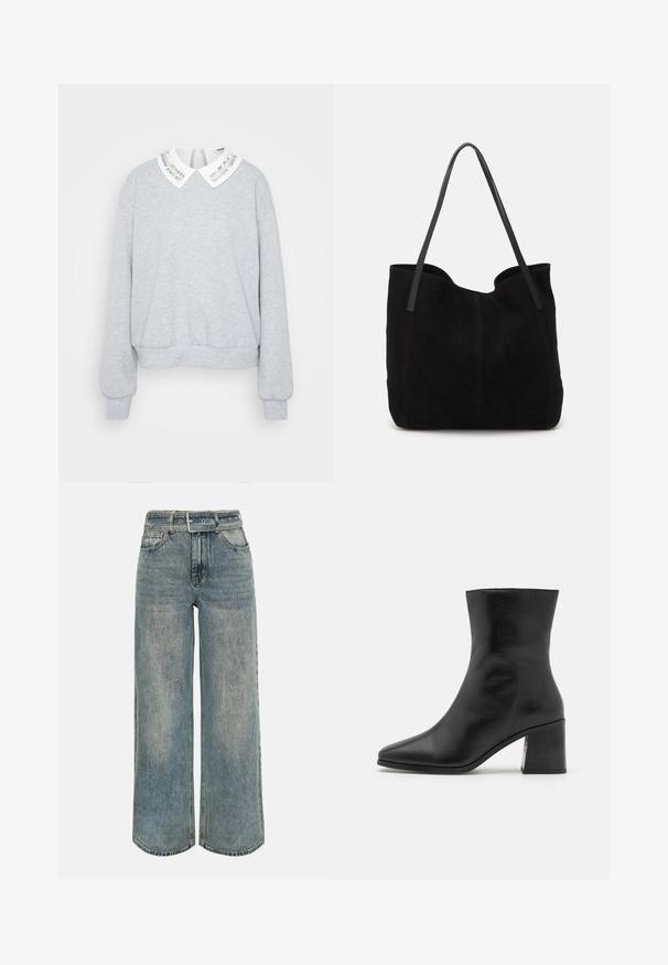 Grå sweatshirt med lange ærmer, en rund kant og en hvid krave med et sølvstribet design. Blød stoftekstur.; Høj talje, vidde-benet jeans i falmet blå denim med matchende denimbælte og klassisk fem-lomme-design.; Sorte læder ankelstøvle, spids tå, glat tekstur, mellemhøj blokhæl, minimalistisk design og syede detaljer langs kraven.; Sort ruskinds totemed med to lange, flade læderremme. Har en buet topkant og synlige stikninger langs forsiden. Ingen hardware-dekorationer.