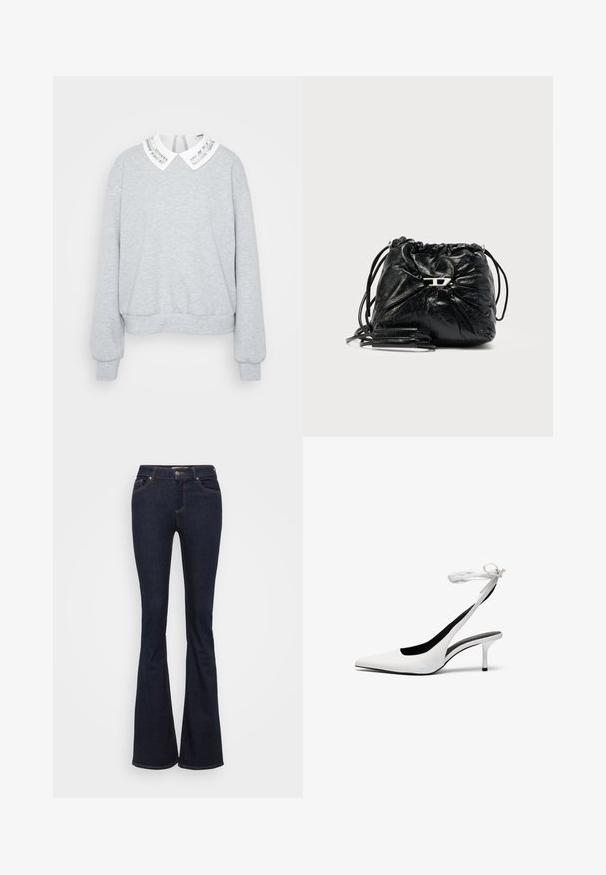 Grå sweatshirt med lange ærmer, en rund kant og en hvid krave med et sølvstribet design. Blød stoftekstur.; Mørkeblå udvidede jeans lavet af denim. Har fem lommer, lynlås foran og kontrasterende guldsytrådsøm langs sømmene. Glat tekstur.; Hvide spidse slingback hæle med en tynd ankelrem. Glat lædermateriale, tynd stilethæl og en sort inderside.; Sort lædertaske med snor og rynket design, sølvdetaljer og justerbare stropper. Tekstureret overflade giver dybde.