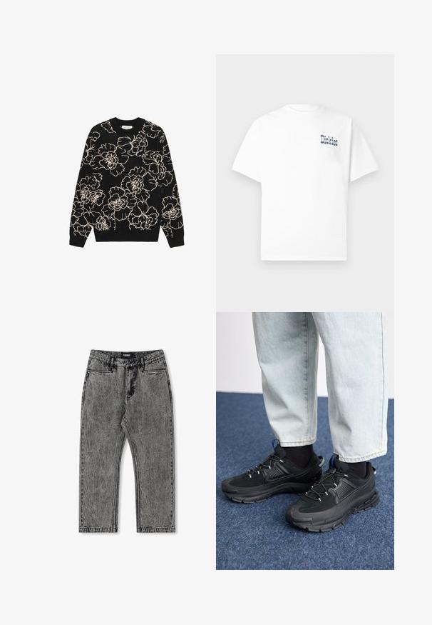 Zwarte trui met een ingewikkeld bloemmotief in crème. Ronde hals, lange mouwen en geribbelde boorden en zoom. Gebreide textuur.; Wit T-shirt met korte mouwen en ronde hals, met blauwe "Dickies" tekst op de linkerborst. Gemaakt van zacht katoen, eenvoudig ontwerp.; Grijze denim jeans met een verstoord uiterlijk, recht gesneden ontwerp en vijf zakken. Bevat een label met "FORMER" op de tailleband.; Zwarte sportschoenen met gestructureerde stof en rubberen zolen, met elastische veters en een blauwe accent op de hiel. Draag samen met lichte spijkerbroeken.
