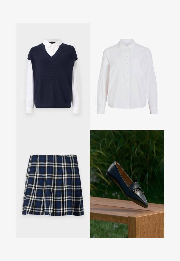 Suéter de cuello en V azul marino superpuesto sobre una camisa blanca con cuello. El suéter tiene una textura acanalada; la camisa tiene mangas largas y puños con botones.; Camisa blanca de manga larga, con cierre de botones en la parte delantera, cuello clásico, un bolsillo en el pecho, confeccionada con una tela lisa y ligera, con un ajuste relajado.; Falda corta de cuadros en colores azul marino, negro y blanco. Con pliegues y una textura suave. Cierre de cremallera en el lateral.; Mocasín de cuero negro con un detalle de lazo flotando sobre un banco de madera, con hierba verde y plantas en el fondo.