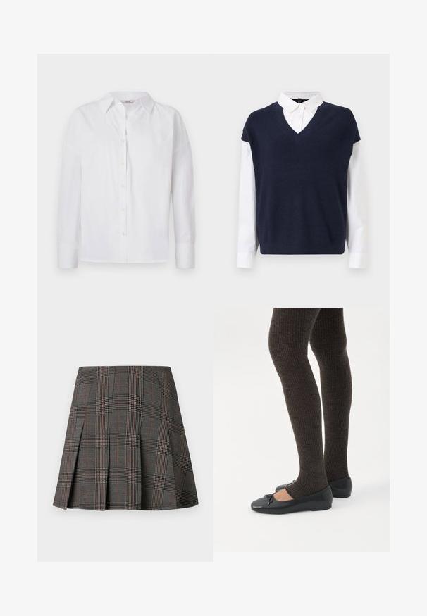 Suéter de cuello en V azul marino superpuesto sobre una camisa blanca con cuello. El suéter tiene una textura acanalada; la camisa tiene mangas largas y puños con botones.; Camisa blanca de botones hecha de algodón, con mangas largas, un cuello clásico y detalles de costura sutiles.; Falda de cuadros gris con pliegues, con intrincados patrones en blanco y negro, acentuados por delgadas líneas rojas. Está hecha de una tela estructurada.; Piernas con leggings oscuros acanalados combinados con bailarinas negras que presentan pequeños detalles de lazo sobre un fondo blanco.