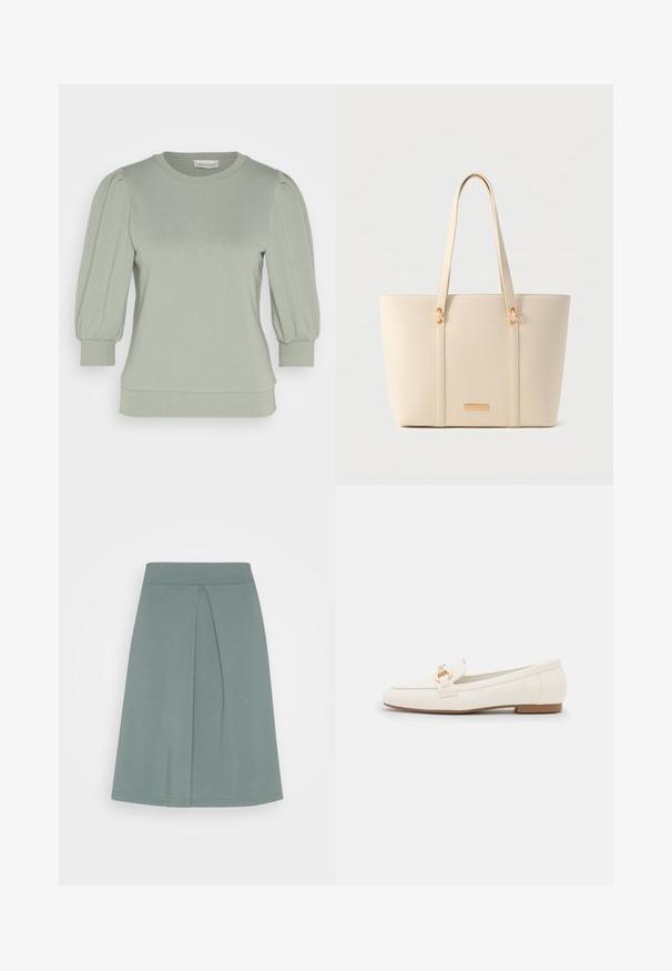 Pull vert clair en tissu doux, avec des manches bouffantes, un col rond et des bords côtelés aux poignets et à l'ourlet. Fini lisse et texturé.; Anna Field by Zalando Jupe trapèze - light green; Mocassins en cuir blanc à semelle plate, avec un détail de boucle en ton doré et une finition lisse. Design classique aux lignes simples.; Sac fourre-tout texturé couleur crème, avec longues anses et détails métalliques dorés sur un fond neutre.