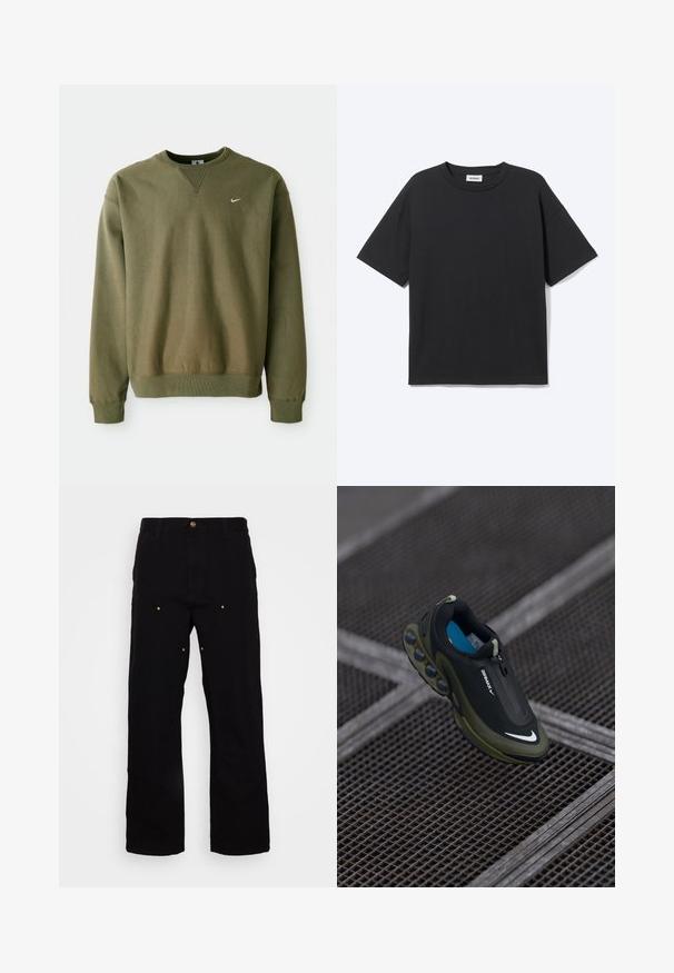 Olivgrüner Nike-Schweißpullover mit Rundhalsausschnitt und gerippten Bündchen, vor einem schlichten weißen Hintergrund präsentiert.; Schwarzes T-Shirt mit kurzen Ärmeln und Rundhalsausschnitt in lockerer Passform, Vorderansicht, schlichtes Design und sichtbares Weekday-Label im Krageninneren.; Schwarze Denim-Hosen mit geradem Bein, ausgestattet mit goldenen Hardware-Akzenten und sichtbaren Nähten an den Vorder- und Gesäßtaschen.; Schwarze und olivfarbene Nike Air Max Schuhe mit einem glatten Obermaterial, Reißverschluss und auffälligen Luftpolsterelementen in der Sohle. Blaue Innensohle sichtbar.