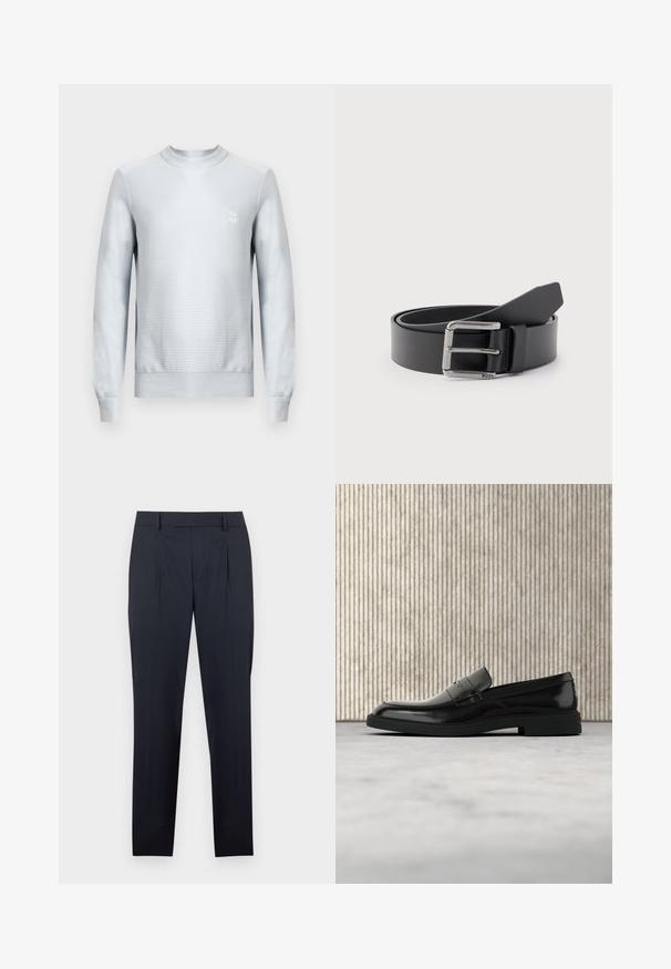Sweat-shirt gris clair en tissu texturé avec manches longues, encolure ronde et un patch logo carré sur la poitrine. Ourlet plat.; Pantalon bleu marine foncé avec une coupe ajustée, comprenant des plis à l'avant, des passants pour ceinture et une silhouette à jambe droite. Texture lisse et coupe classique.; Mocassin en cuir noir poli flottant au-dessus d'un tapis beige avec un mobilier translucide orange en arrière-plan.; Ceinture en cuir noir enroulée avec une boucle métallique rectangulaire argentée gravée "BOSS" sur un fond gris clair.