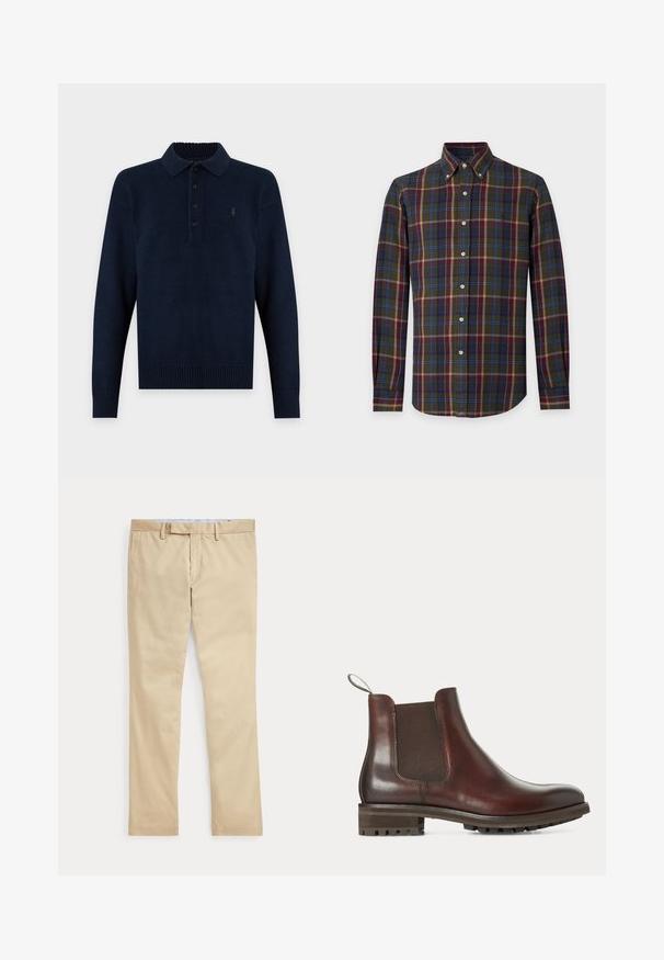 Jersey polo de punto azul marino de manga larga con cuatro botones negros y puños y fajín acanalados.; Camisa de manga larga con botones y cuello abotonado en patrón de cuadros verde, azul, rojo y beige sobre fondo blanco.; Pantalones beige de corte recto con trabillas para cinturón y cremallera frontal, colocados planos sobre un fondo blanco.; Botín Chelsea de cuero marrón con panel lateral elástico, lengüeta en el talón y suela gruesa de goma con tacos.
