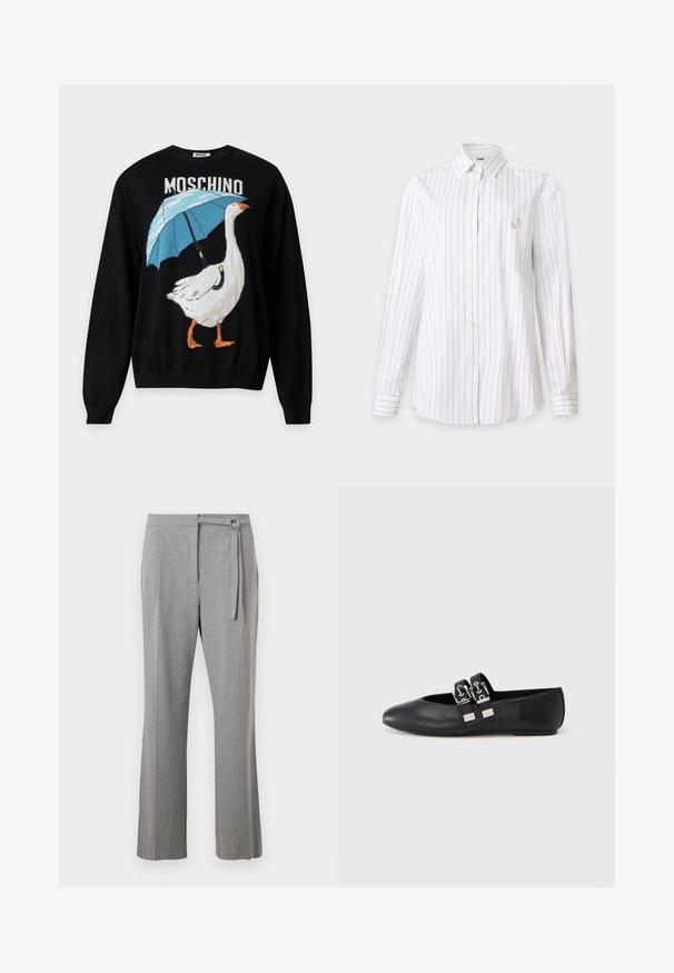 Pull noir avec une oie blanche tenant un parapluie bleu et le mot Moschino au-dessus du motif.; Chemise blanche à manches longues avec boutons, fines rayures verticales noires et petit logo brodé sur la poche poitrine gauche.; Pantalon gris sur mesure à coupe droite, devant plat, avec une ceinture en tissu et une boucle D-argentée à la taille.; Chaussure plate en cuir noir avec bout pointu et deux brides avec boucles argentées sur le dessus, photographiée sur un fond clair uni.
