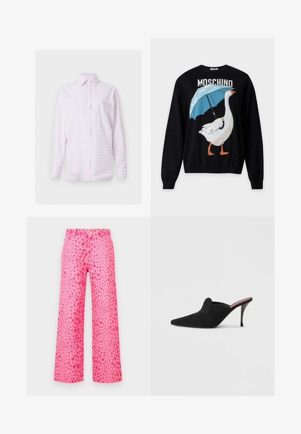 Pull noir avec une oie blanche tenant un parapluie bleu et le mot Moschino au-dessus du motif.; Chemise à manches longues à carreaux rose clair et blanc, boutonnée sur le devant, avec col pointu et poche en forme de cœur cousue sur la poitrine gauche.; Pantalon large rose avec motif léopard rose foncé, bouton sur le devant et détails de poches sur fond blanc.; Mule noir à talon haut avec bout pointu, tissu doux à texture froncée sur le devant et talon aiguille fin.
