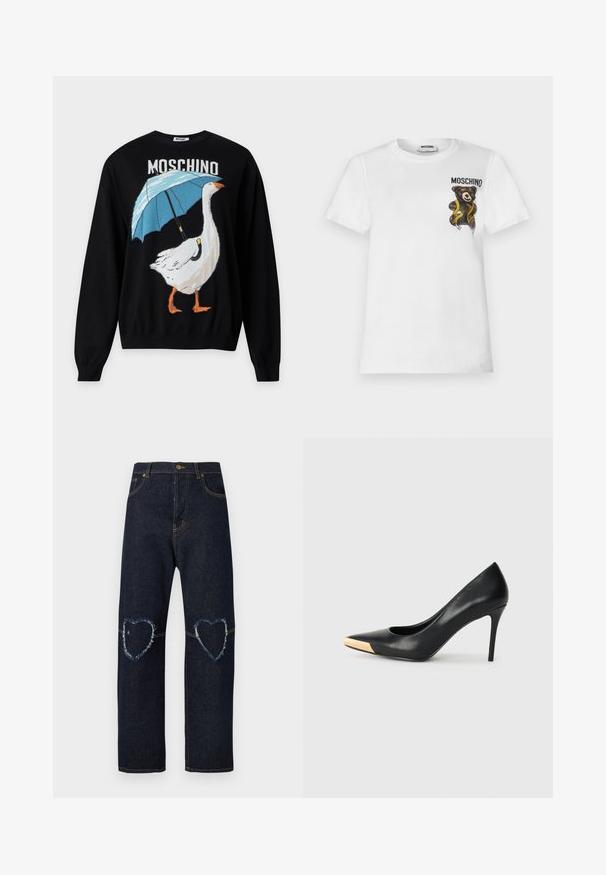 Pull noir avec une oie blanche tenant un parapluie bleu et le mot Moschino au-dessus du motif.; T-shirt blanc à manches courtes avec un petit ours en peluche marron enveloppé dans un ruban à mesurer jaune et le texte "MOSCHINO" sur la partie supérieure gauche de la poitrine.; Jean en denim bleu foncé avec jambes droites et patchs en forme de cœur usés sur les deux genoux.; Pompe à talon haut en cuir noir avec bout pointu ; présente une accentuation métallique dorée sur le capuchon. Surface lisse avec un design épuré.