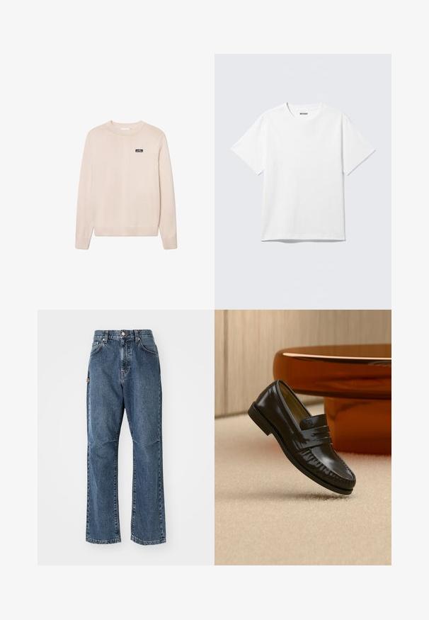 Beige crewneck sweater lavet af blødt stof. Har ribbede manchetter og kant, samt et lille sort logo-patch på brystet. Klassisk pasform.; Hvid kortærmet crewneck T-shirt lagt fladt ud, ensfarvet design, med "WEEKDAY" mærkat inde i kraven på en lys baggrund.; Blå denim jeans med høj talje, lige ben-design og forlommer. Har kontrastsyninger og skjult lukning med knap.; Skinnende sort læderloafer med remdetalje, placeret på beige tæppe nær et rundt brunt sofabord i et blødt oplyst rum.