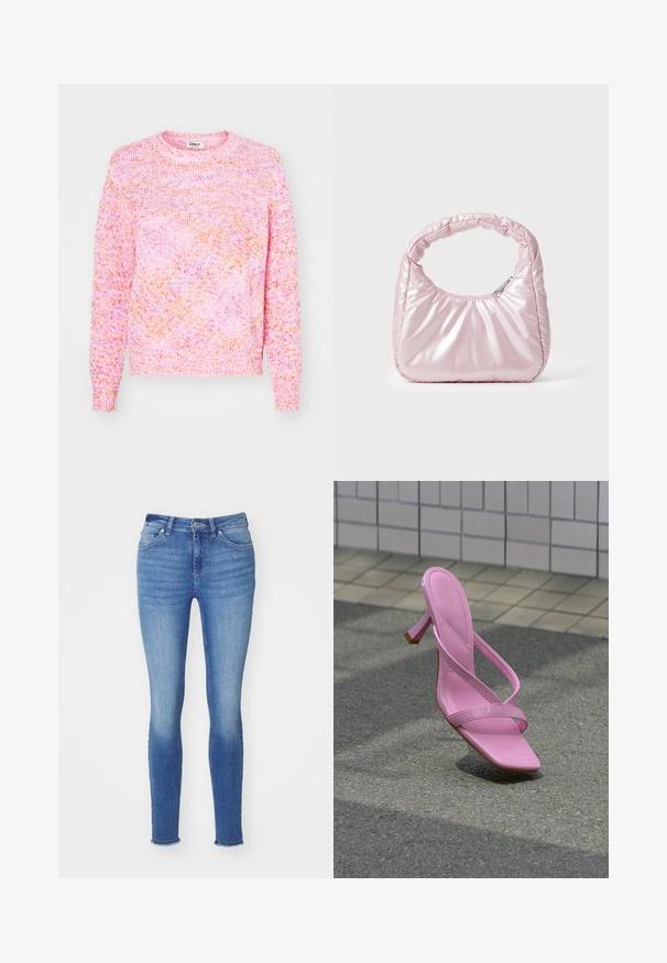 ONLY ONLBEAUTY NECK - Svetrík - pink lady; Chudé rifle v stredne modrom džeme s vysokým pásom, dizajnom s piatimi vreckami, miernym vyblednutím a rozstrapkanými koncami členkov.; Ružová sandála na vysokom podpätku s tenkými remienkami a štvorcovou špičkou, položená na asfalte pri pozadí z dlaždicovej steny.; Ružová, polstrovaná kabelka s oblehnutým dizajnom, vyrobená z lesklého materiálu. Obsahuje naťahovanú rukoväť a zipsové uzatvorenie pre bezpečný prístup.