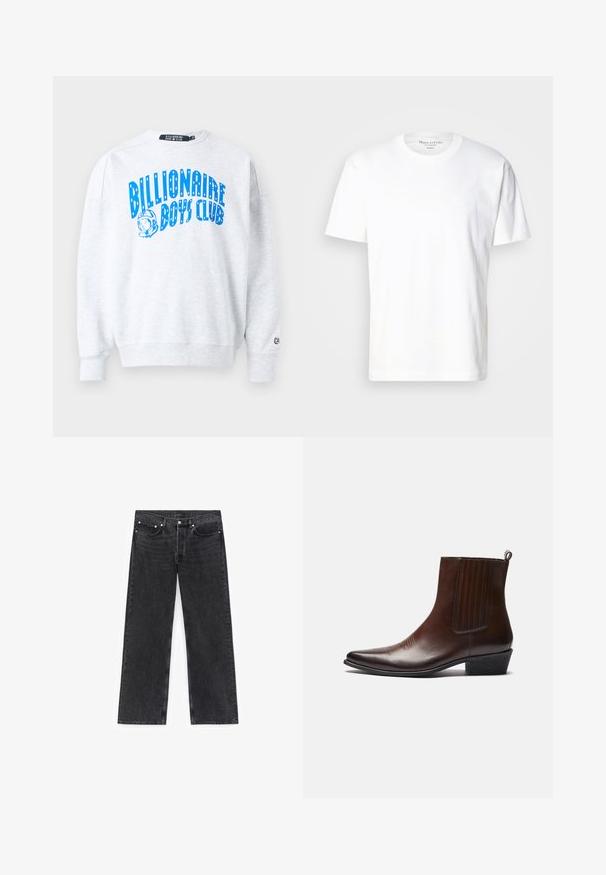 Grauer Sweatshirt mit Rundhalsausschnitt und lockerem Schnitt. Mit blauem "Billionaire Boys Club"-Grafikdesign und kleinem Logo auf dem Ärmel. Weiche Textur.; Weißes Baumwoll-T-Shirt mit Rundhalsausschnitt und kurzen Ärmeln. Verfügt über ein dezentes Logo-Detail auf der Vorderseite. Weiche Textur, lässige Passform.; Schwarze Jeans aus Denim mit weitem Bein, ausgestattet mit Vordertaschen, Knopfverschluss und dezent verwaschenem Stoff.; Braune Leder-Ankle-Boots mit spitzer Spitze, elastischen Seitenteilen, strukturierten Details auf der Vorderseite und einem niedrigen, gestapelten Absatz.