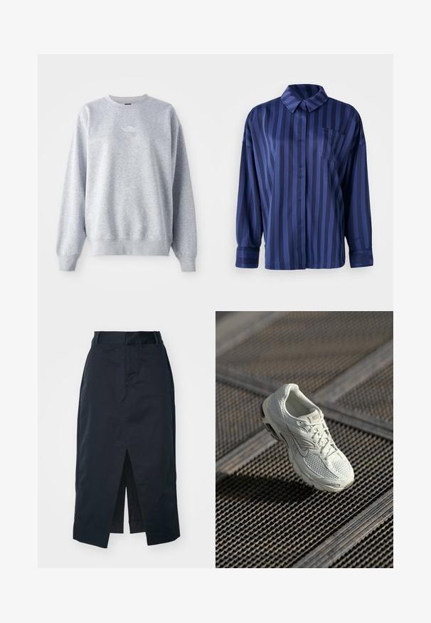 Grå sweatshirt med lange ærmer, rund halsudskæring, ribbede manchetter og kant. Har et lille hvidt logo på brystet. Materialet er en blanding af bomuld.; Mørkeblå stribet skjorte med krave, brystlomme og lange ærmer. Lavet af et glat, skinnende stof med en løs pasform.; Mørkeblå midi-skirt lavet af en bomuldsblanding, med en frontslids, en skjult lynlås og sidelommer for funktionalitet.; Hvide Nike løbesko med overdel i mesh og syntetisk materiale, som hviler på metalristgulv i blødt naturligt lys.