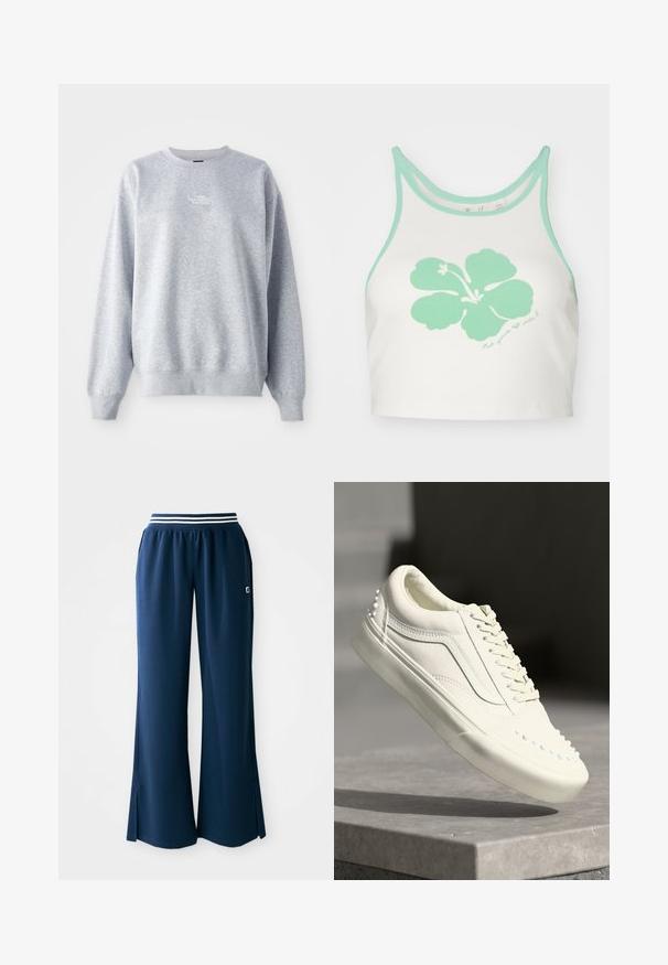 Šedá mikina s dlhými rukávmi, okrúhlym výstrihom, rebrovanými manžetami a lemom. Obsahuje malé biele logo na hrudi. Materiál z bavlnenej zmesi.; Biely crop top s mentolovo zeleným okrajom a veľkým mentolovo zeleným grafickým zobrazením kvetu hibiscus na prednej strane, s detaily ručne písaného textu nižšie.; Námořnické modré športové nohavice so širokým nohavicami, elastickým pásom s bielym pruhom a bočnými rozparkami pre väčšiu pohyblivosť. Logo na vrecku.; Biele tenisky s textúrovaným povrchom, s polstrovaným golierom, šnurovaním a malými dekoratívnymi cvočkami pozdĺž strany blízko podrážky.