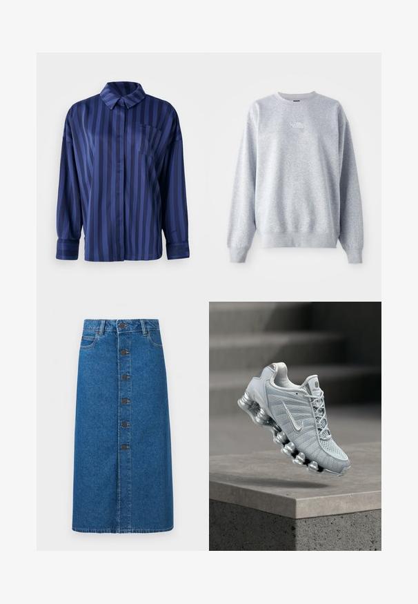 Grijze sweatshirt met lange mouwen, ronde halslijn, ribgebreide boorden en zoom. Bevat een klein wit logo op de borst. Gemaakt van een katoenmix.; Marineblauw gestreepte shirt met kraag, borstzak en lange mouwen. Gemaakt van een gladde, glanzende stof met een losse pasvorm.; Blauwe denim midirok met knoopsluiting aan de voorkant, riemlussen en zijzakken, getoond op een effen witte achtergrond.; Lichtgrijze Nike hardloopschoen met gedempte veerachtige zool die boven een betonnen richel zweeft, wazige trapachtergrond.