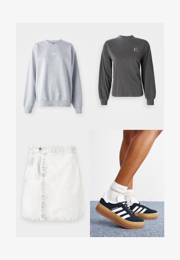 Grauer Sweatshirt mit langen Ärmeln, rundem Halsausschnitt, gerippten Bündchen und Saum. Verfügt über ein kleines weißes Logo auf der Brust. Material aus Baumwollmischung.; Langärmliges graues T-Shirt aus Baumwolle, mit rundem Ausschnitt und elastischen Bündchen, mit einem kleinen quadratischen Logo auf der Brust.; Denimrock in Hellgrau. A-Linie Design mit vorderen Taschen, einer sichtbaren Naht in der Mitte und einem einzelnen Metallknopf am Bund.; Beine mit weißen Socken und schwarzen Adidas Gazelle Sneakers mit weißen Streifen und dicken braunen Sohlen auf einem grauen Teppichboden.