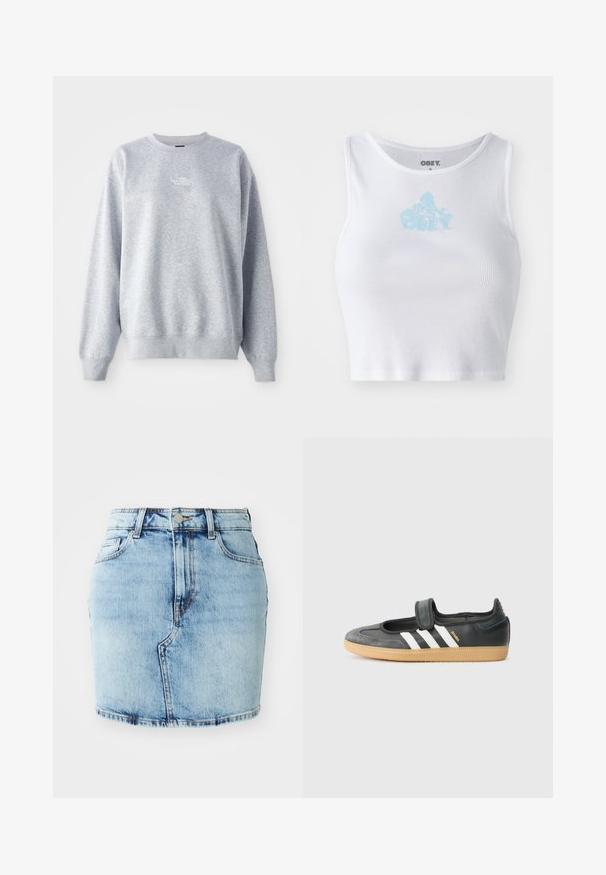 Grijze sweatshirt met lange mouwen, ronde halslijn, ribgebreide boorden en zoom. Bevat een klein wit logo op de borst. Gemaakt van een katoenmix.; Witte geribbelde crop top met een ronde halslijn en een lichtblauwe "OBEY" logo in het midden van de borst. Soepele textuur en aansluitend ontwerp.; Lichtblauwe denimrok met een aansluitende pasvorm, vijf zakken, een knoop- en ritssluiting en gestikte details langs de zoom.; Zwarte leren en suède sneaker met een klittenbandsluiting, voorzien van drie witte strepen en een gumzool, met de naam "SAMBA" aan de zijkant.