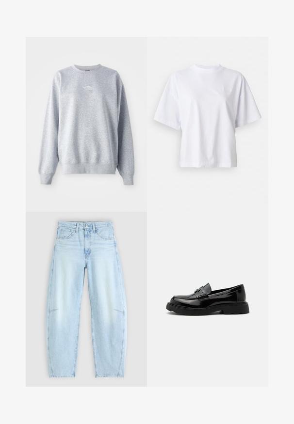 Grauer Sweatshirt mit langen Ärmeln, rundem Halsausschnitt, gerippten Bündchen und Saum. Verfügt über ein kleines weißes Logo auf der Brust. Material aus Baumwollmischung.; Weißes Baumwoll-T-Shirt mit lockerer Passform, kurzen Ärmeln und geripptem Rundhalsausschnitt. Mit subtiler Markenkennzeichnung auf der Brust.; Hellblaue Denim-Jeans mit relaxed Fit, hoher Taille, Fünf-Taschen-Design und subtilen Ausbleichungen sowie ausgefransten Saumdetails.; Schwarzer glänzender Lederloafer mit grober Sohle und dekorativem Riemen über dem Spann, vor schlichtem hellgrauem Hintergrund.