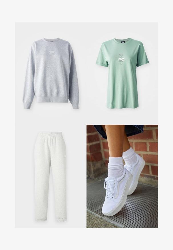 Grijze sweatshirt met lange mouwen, ronde halslijn, ribgebreide boorden en zoom. Bevat een klein wit logo op de borst. Gemaakt van een katoenmix.; Lichtgroene katoenen t-shirt met korte opgerolde mouwen, met een centrale grafiek van een plant in een ronde pot, logo op de onderzijde aan de voorkant.; Lichtgrijze sweatpants met een elastische tailleband, taps toelopende pijpen en ribgebreide manchetten. Gemaakt van een zachte, gestructureerde stof. Witte logodetail aan de zijkant.; Witte canvas sneakers met rubberen zolen, voorzien van zes vetertjes, een ronde neus en lichte stikdetails, gecombineerd met witte enkelsokken.