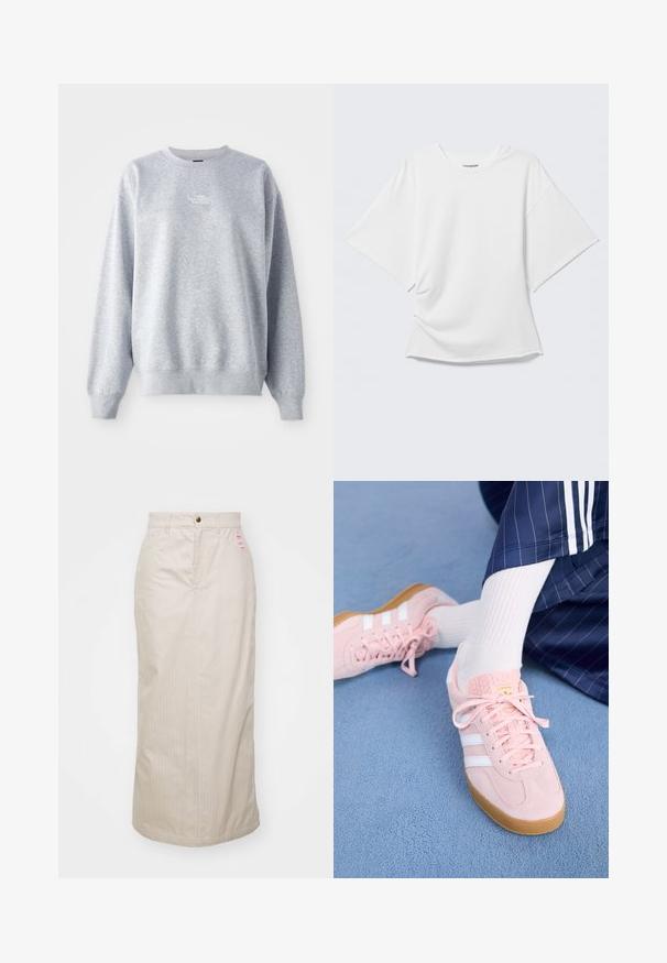 Grijze sweatshirt met lange mouwen, ronde halslijn, ribgebreide boorden en zoom. Bevat een klein wit logo op de borst. Gemaakt van een katoenmix.; Wit oversized T-shirt met korte mouwen en ronde hals, weergegeven op een lichtgrijze achtergrond.; Beige gestreepte rok met een hoge taille, verborgen rits en metalen knoopsluiting. Inclusief een klein merklabel aan de voorkant.; Lichtroze suède sneakers met witte strepen en veters, voorzien van een gestructureerde tong en een gumzool, geplaatst op een blauwe tapijt.