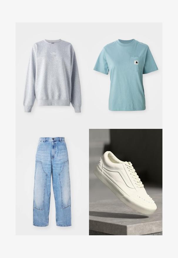 Grå sweatshirt med lange ærmer, rund halsudskæring, ribbede manchetter og kant. Har et lille hvidt logo på brystet. Materialet er en blanding af bomuld.; Lyseblå kortærmet bomulds T-shirt med brystlomme og et lille sort-hvidt Carhartt logo patch.; Lysblå denim bredbenede bukser med to store forlommer, en knaplukning og subtil falming. Syninger på lommedetaljerne.; Hvide sneakers med en tekstureret finish, udstyret med en polstret krave, snørelukning og små dekorative nitter langs siden nær sålen.